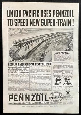  Union Pacific Super-Train Uses Pennzoil!  M-10000 Streamliner Flyer 1934 AD