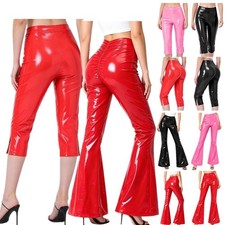 US Women PU Leather Pants Wet Look Glossy High Waist V-shaped Trousers Nightclub