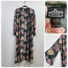 Angie Floral Print Duster Kimono Green Boho Crochet Lace Trim Size Large