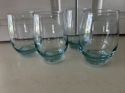 4 Libbey Vintage Mid Century Tempo Tumbler Stemless Glasses Clear Aqua Tint 12oz
