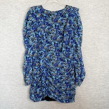 Zara Blue Floral Ruched Ruffle Mini Dress XL Shirred Puff Long Sleeve Womens