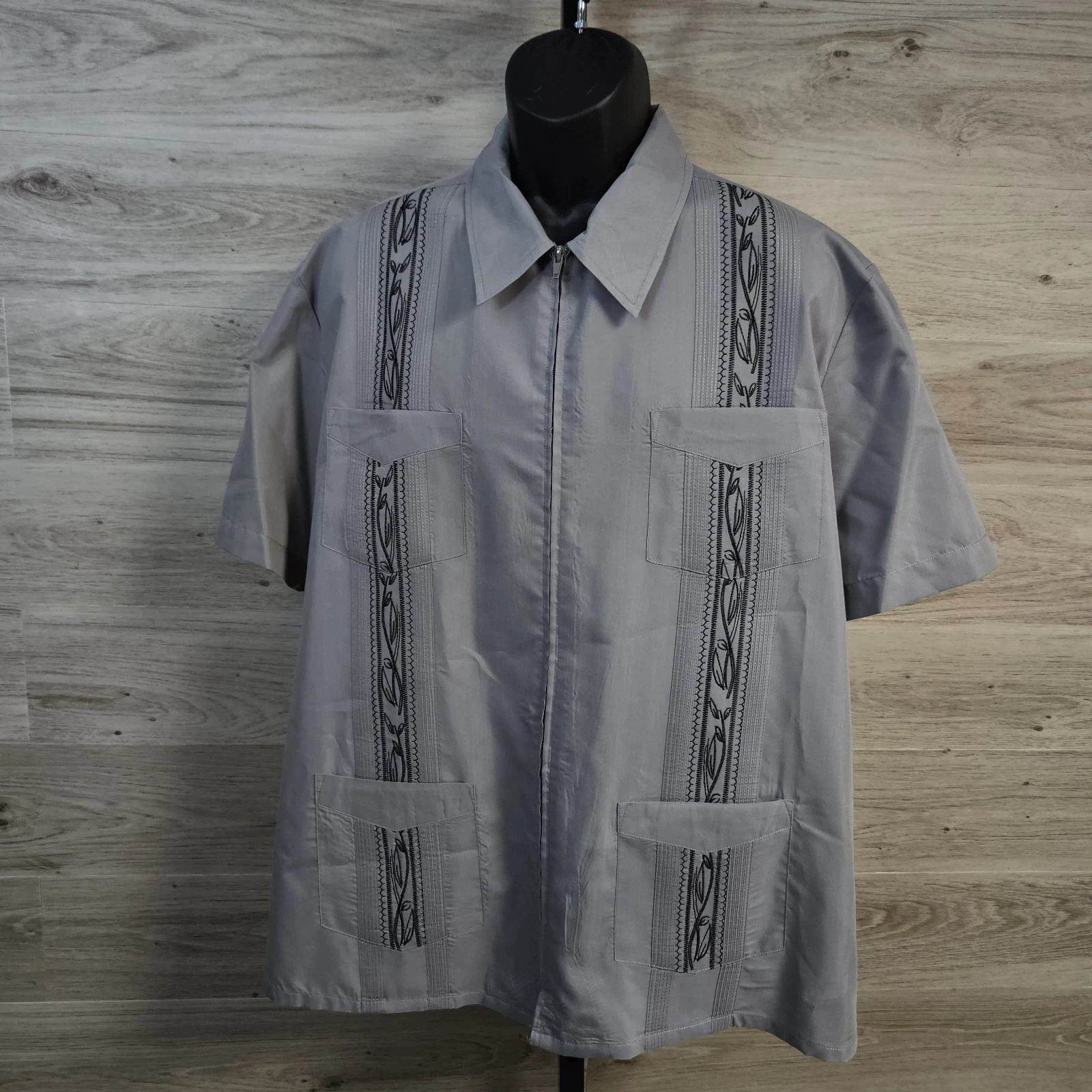 XL Genuine Haband Guayabera Embroidered Gray Wedding Havana Zip up Shirt