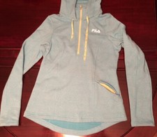 NEW FILA S Hoodie Polar Fleece SWEATSHIRT Aqua Blue Fittd Zip Thumb Hole Pocket