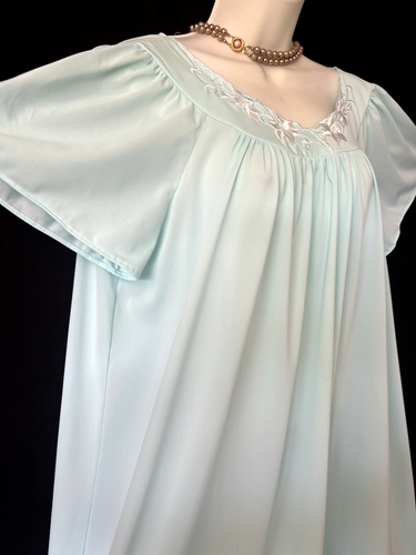 NEW MISS ELAINE Nightgown XL Embroidered Flutter Sleeves Midi Seafoam Aqua NWOT - Picture 7 of 11