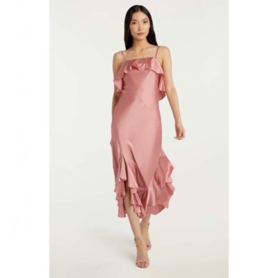 Cinq A Sept Women s Elly Charmeuse Ruffle Midi Dress Sleeveless Pink Silk Size 0