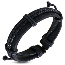 Genuine Black Leather Band Double Corded Wrap Rope Adjustable Cord Punk Bracelet