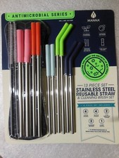 reusable Stainless Steel drinking STRAWS - Set of 13 w/ cleaning brush set - NEW