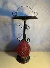 MCM Vintage Atomic Red Glass Globe Ashtray Floor Stand Black Metal Wrought Iron