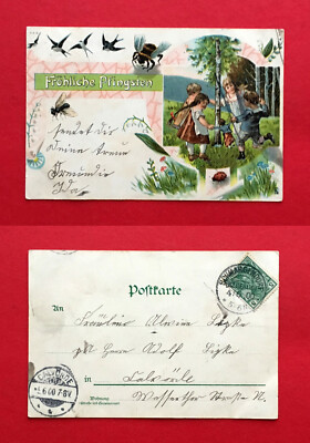Congratulations Litho Postcard Pentecost 1900 Children Dancing Around a Tree (56885