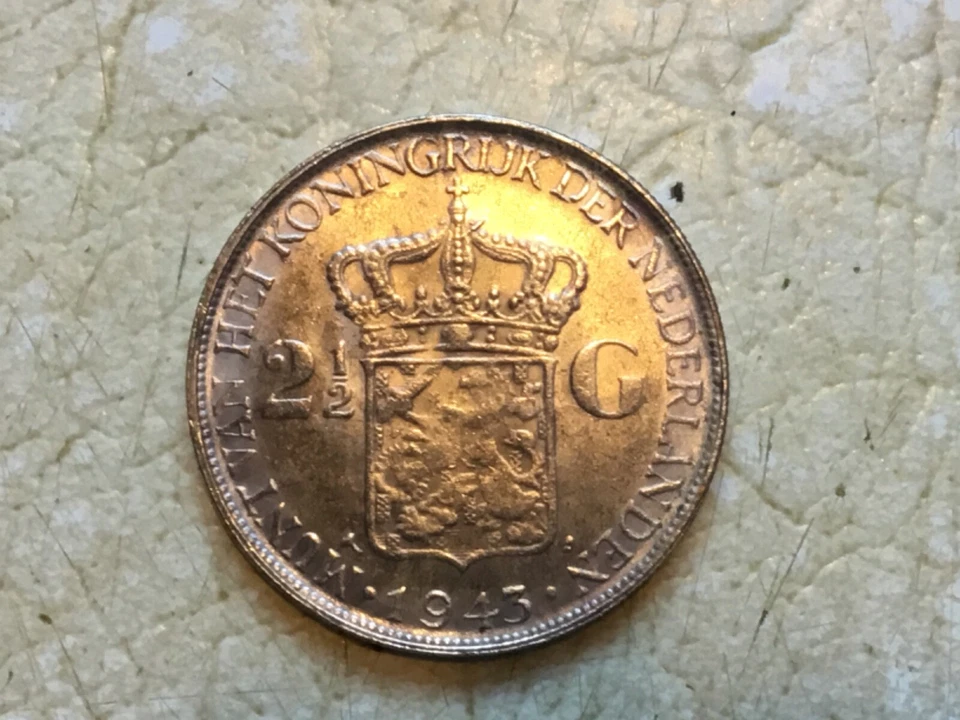 WW2 1943 NETHERLANDS Kingdom QUEEN WILHELMINA Old Silver 2 1/2 Gulden Coin - Image 3 of 4