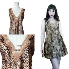 Vintage 1990s Cheetah Leopard Lace V-Neck Satin Slip Dress  90s Loungewear...