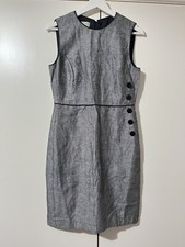 HOBBs UK10 Fitted Sleeveless Shift Dress 100% Linen Tweed Buttons Work Business