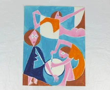 Zygmunt Mazur Polish WATERCOLOR Abstract Figures expressionism Cubist Painting