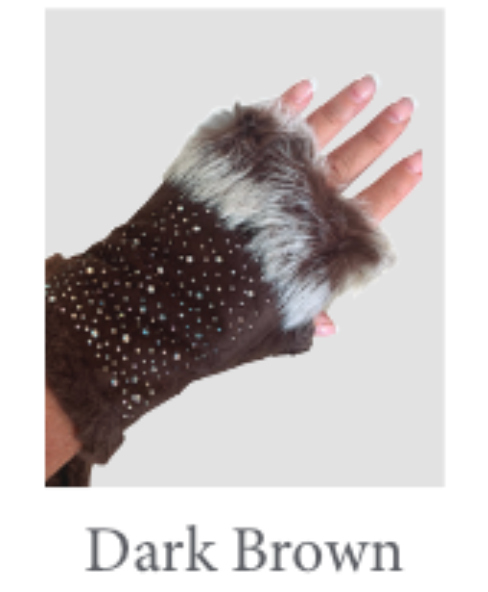 Faux Fur Fingerless Gloves with Rhinestones and Studs in Dark Brown or White