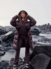 NEW Fabletics Essential Long Puffer Jacket Deep Plum Shine Medium Maroon Wine