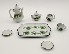 Miniature Andrea by Sadek Style Tea Set Green Ivy 9pc Porcelain Dollhouse. READ