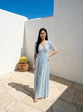 Mac Duggal 11165 Size 6 Light Blue Gold Long Sleeve Applique V-Neck Gown Dress