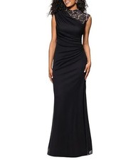 Betsy  Adam Matte Black Jersey Lace Mock Neck Sleeveless Ruched Sheath Gown