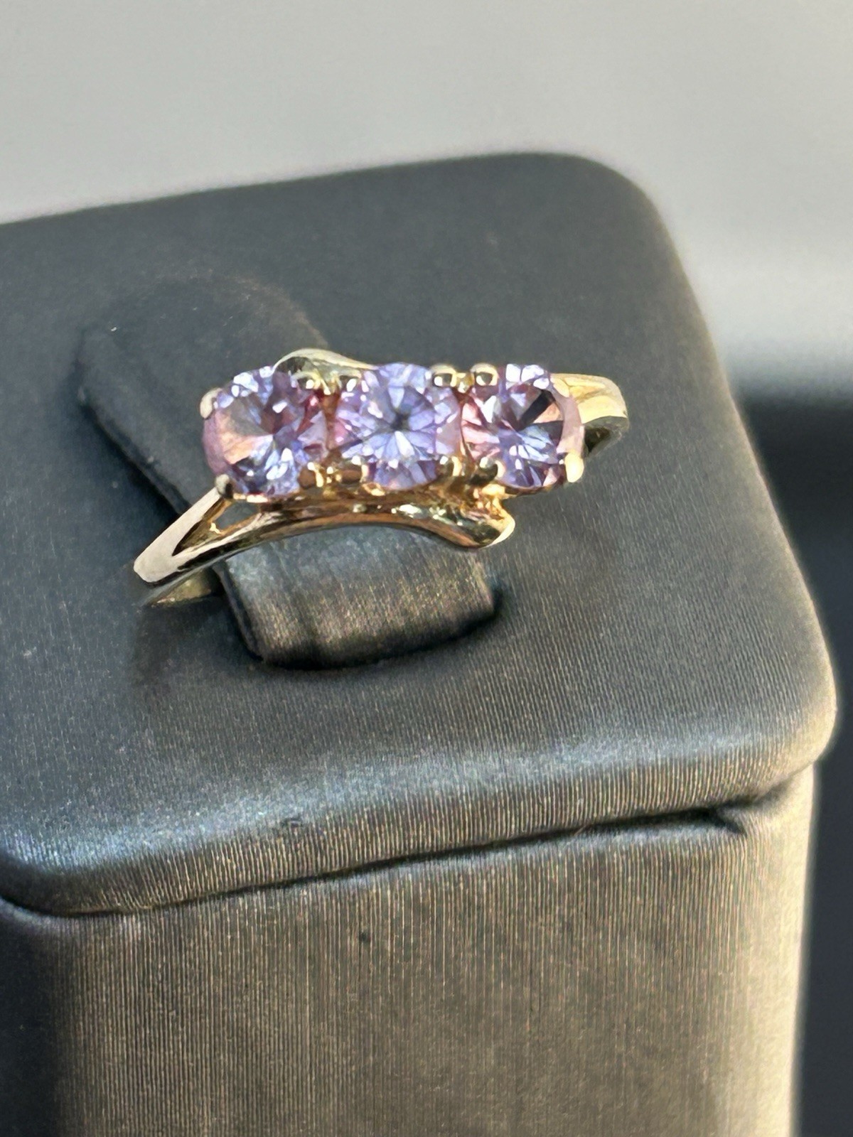 Lavender Bloom Three Stone Amethyst Ring 10K Yell… - image 1