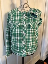 Cabi Library Jacket Green White Black Plaid Tweed Blazer fringe hem Women  s M