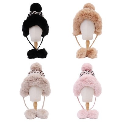 Knitted Windproof Hat pompoms Wool lei Feng Hat Leopard Print for Children Ski