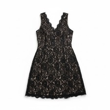 Black Lace Cocktail Dress: A-line, Fringe Vneck adds Witchy Whimsey, W Size 14