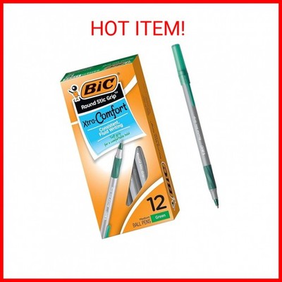 BIC Round Stic  Grip  Xtra-Comfort Medium Ball Point Pen; Green; 12 Pack