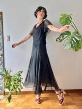 VTG 20s 30s Art Deco Black Lace Crinkle Chiffon Bias Cut Evening Gown Dress XS/S