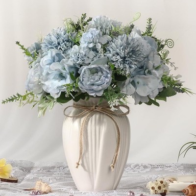 Artificial Flowers Vase Set Farmhouse Home Decor Blue Peony Hydrangea Silk