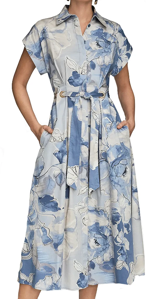 donna karan women's puff-sleeve belted a-line dress Belted Draped Printed Dress | Fit and Flare