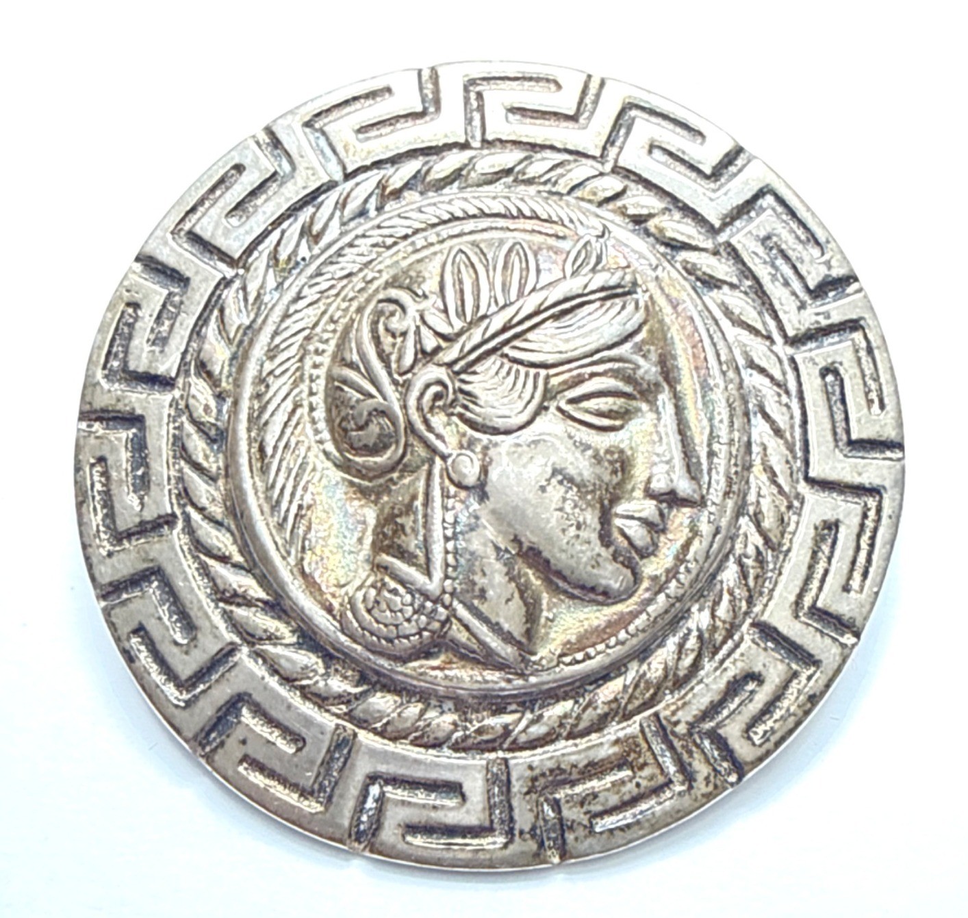 Vintage 800 Silver Greek Key Athena Minerva Helmet Medallion Coin Brooch Pin