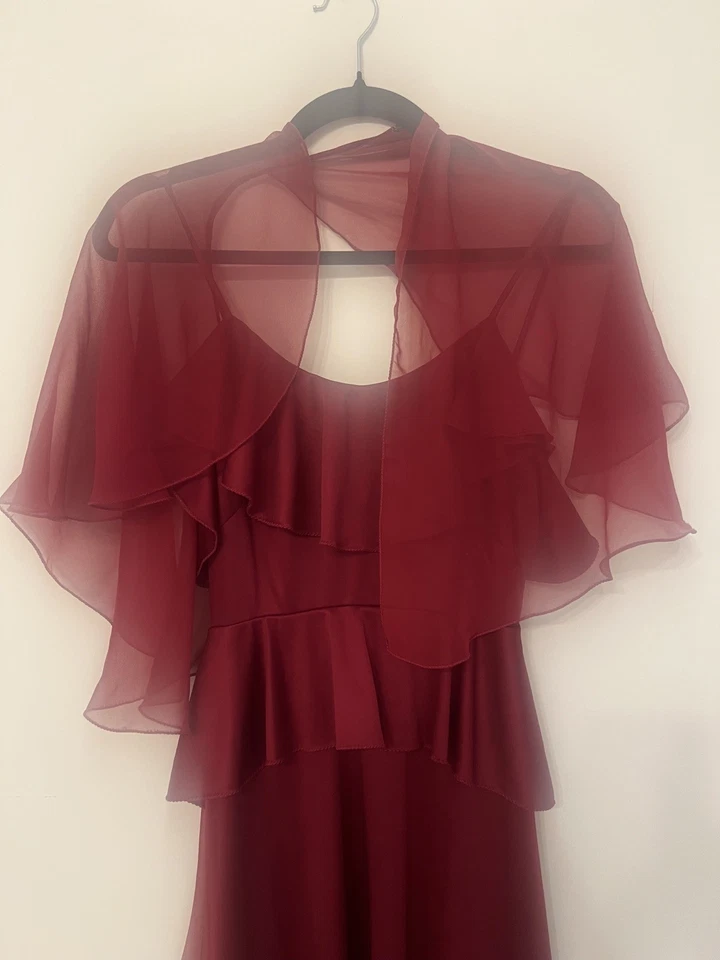 Maxi Vestido De Colección Años 70 Claret Poli Tejido 2 Piezas Discoteca Peplum Chifón Envolvente XS/S  Foto 2 de 2