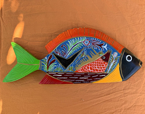 Vintage Folk Art Hand Painted Multicolor Wood Fish Figurine Decor