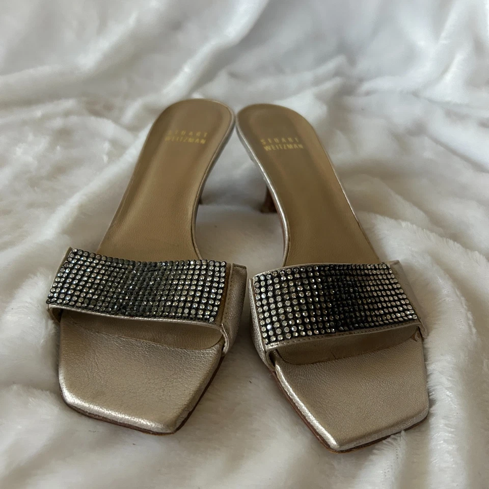 Stuart Weitzman Kitten Heel Slides Womens 6.5 Silver Rhinestones Italy VTG - Image 2 of 4