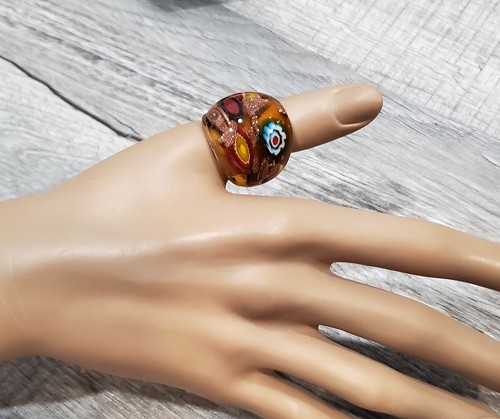Boho Chunky style Abstract Flower Golden Yellow Hand Blown Glass Ring Size 9 - Picture 5 of 5