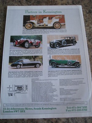 PORTERS IN KENSINGTON MERC SIMPLEX JAG SS100 BENTLEY STOC 1993 ADVERT A4 FILE 46