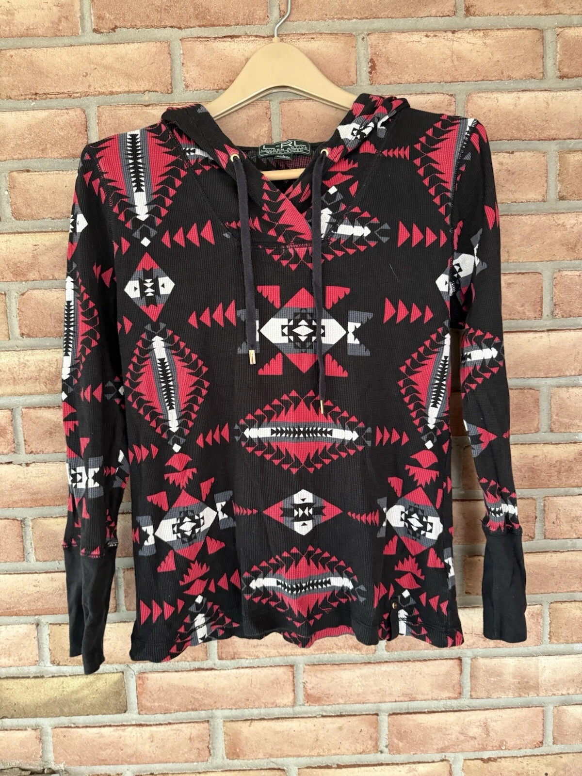 L-RL Ralph Lauren Womens Hoodie Large Red Black White Aztec Pullover Long Sleeve