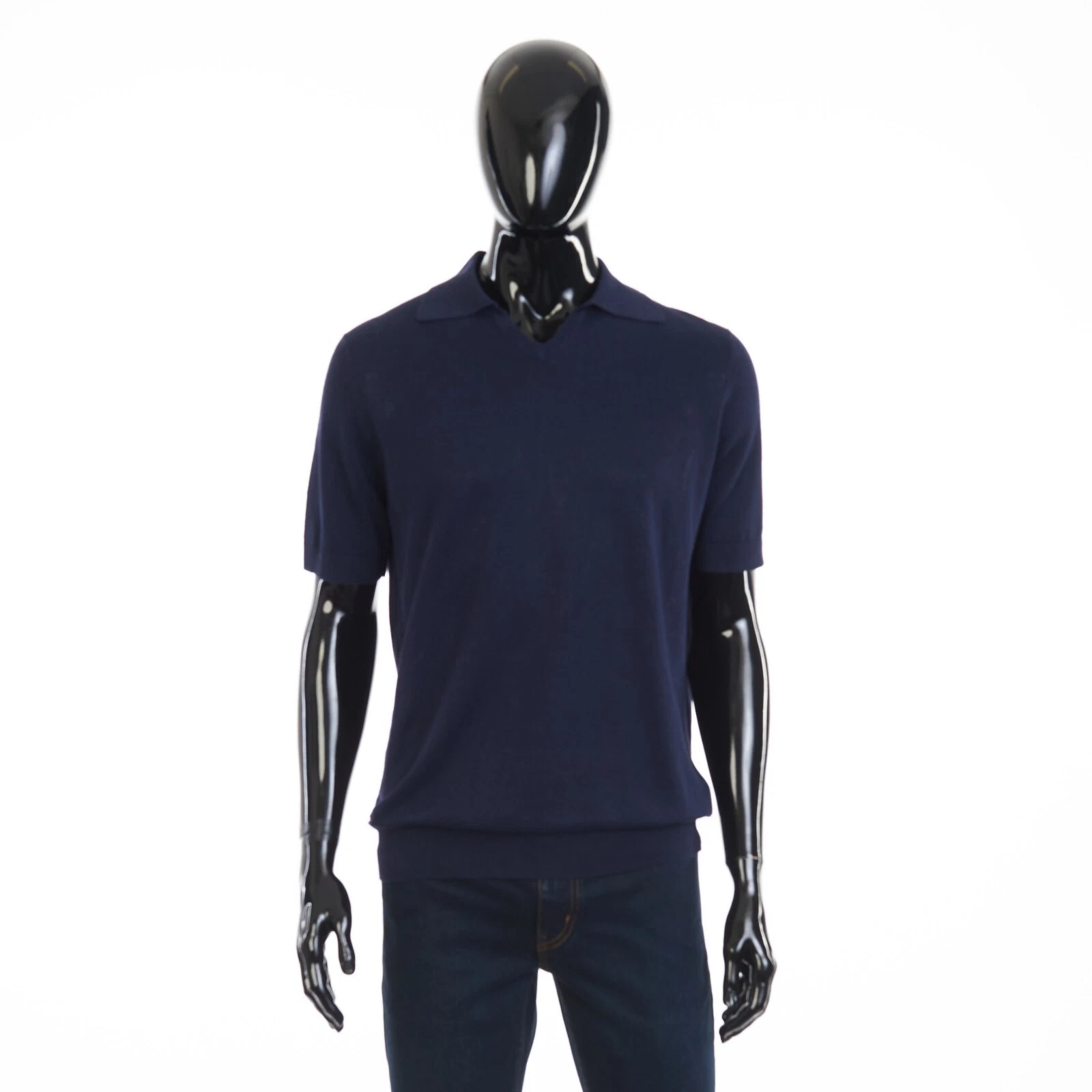 Brunello Cucinelli — BRUNELLO CUCINELLI 1110$ Buttonless Polo Shirt - Navy Linen & Cotton