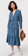 Urban Outfitters Women’s l Reese Midi Blue Paisley Tiered Long Sleeve Boho Dress