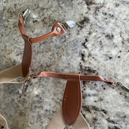 Two Pair Toddler Boys Tan Adjustable Elastic Suspenders With Faux Leather Trim - Picture 5 of 10