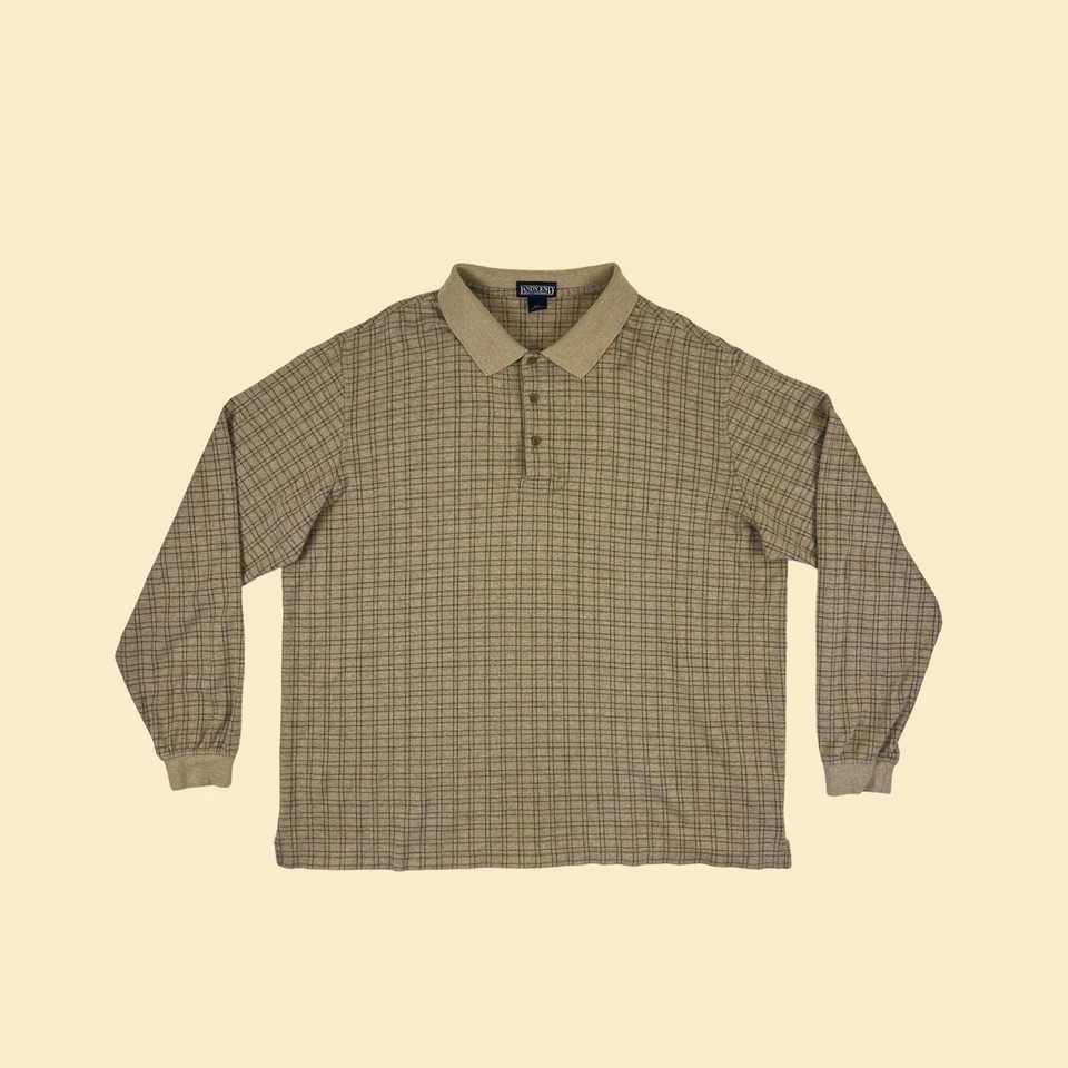 90-е Lands End XXL рубашка-поло, винтажная бежевая и зеленая сетка/геометрическая хлопковая рубашка - Изображение 2 из 4