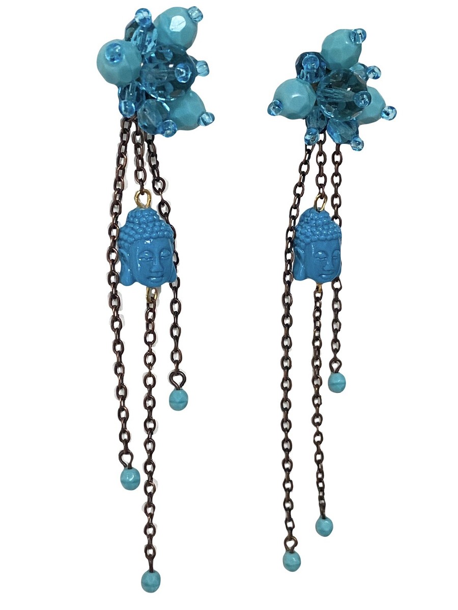 Buddha head earrings seed bead Vintage Turquoise Blue dangle
