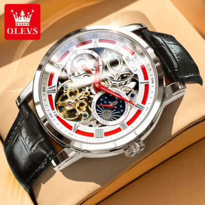 OLEVS Skeleton Self-Wind Automatic Mechanical Men's Watch Leather Moon Phase