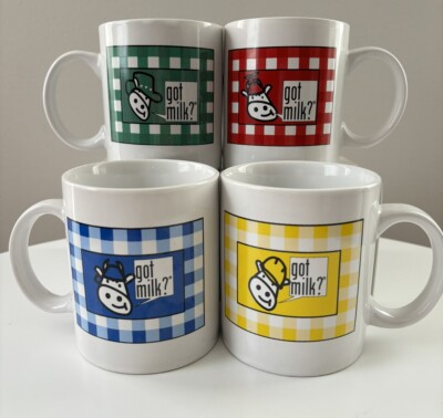 (4) Vintage Coffee Mugs GOT MILK campaign cow checker print advertising tea  cups | eBay