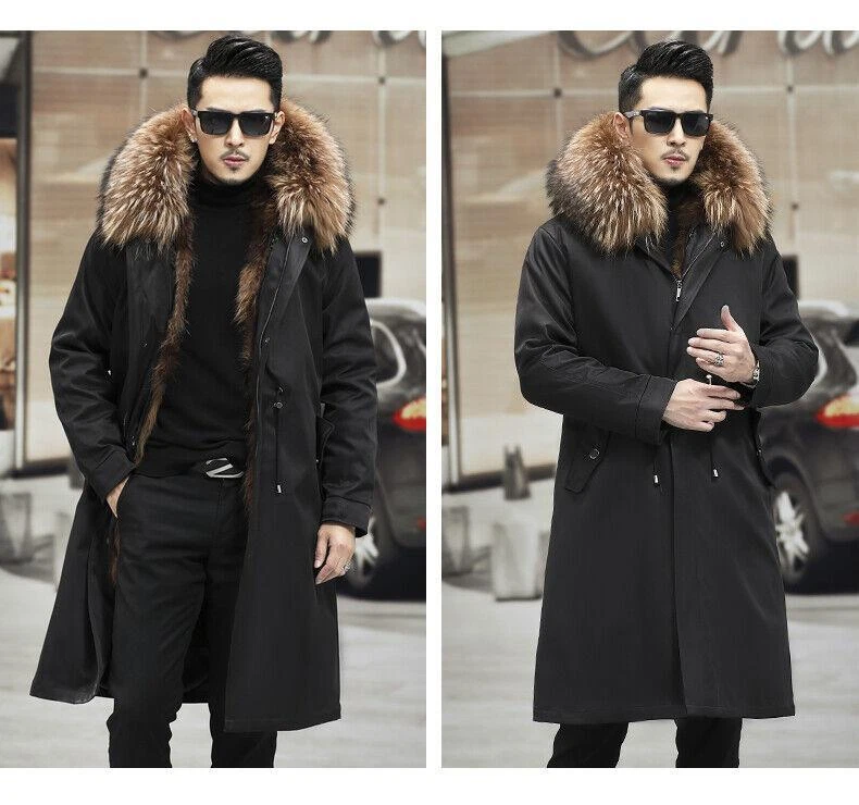 Men Real Raccoon Fur Lined Parka Jacket Winter Warm Hooded Thicken Coat Overcoat - Image 3 of 4