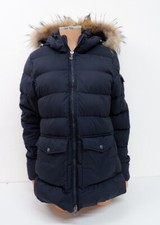 Pyrnex Womens Puffer Fur Trim Coat Size 42 Navy Jacket Vgc