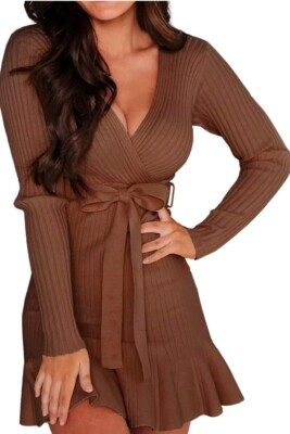 brown v neck sweater dress Women Solid Brown V-Neck Acrylic Long Sleeves Straight Hem Knitted Bodycon  Midi Sweater Dress main image 1