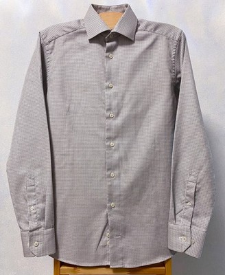 ETON Slim Fit Dobby Shirt 38 / 15 S Textured Gray White Cotton Made in Romania
