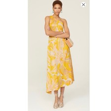 ALEXIS Yellow Floral Satin Asymmetric Neckline Slanted Flowy Hem Lef Dress XS