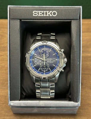 Seiko Solar Quarz Chronograph V172-0AJ0 Edelstahl blau, Tachymeter 100m - Bild 1 von 4